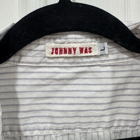 Johnny Was Women's Sz L Striped Button-up Top w/Gauzy‎ Trim at Hem Blue/White - Picture 5 of 9